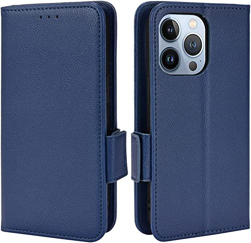 Étui portefeuille iPhone 14 Pro bleu en cuir premium avec porte-cartes