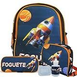 Kit Mochila Foguete Espacial Costas Tam M Estojo e Lancheira