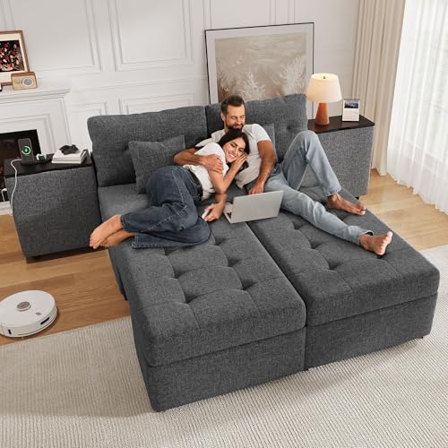 DWVO Queen Size Sofa Bed, 5-in-1 Multi-functional Convertible Sleeper Sofa with 2 Storage Cabinet Nightstand & USB Ports, 100" Sectional Sofa Couch with 2 Comfy Pillows for Living Room Apartment, Grey