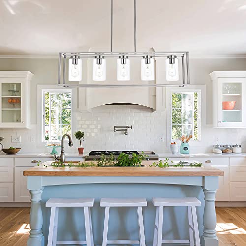 Image of Contemporary Chandeliers Brushed Nickel 5 Light Modern Dining Room Lighting Fixtures Hanging, Kitchen Island Linear Pendant Lights Farmhouse Flush Mount Ceiling Light with Glass Shade