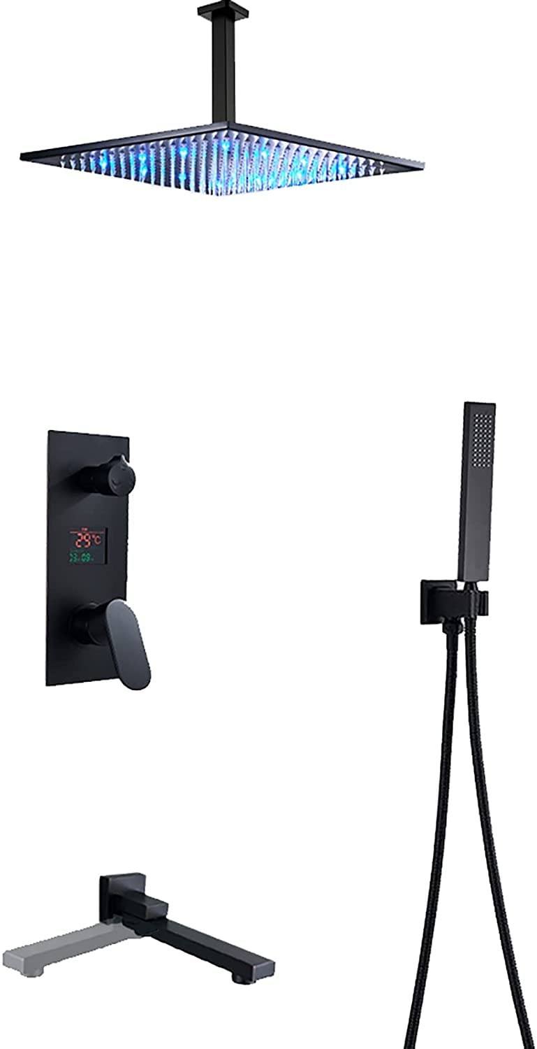 OZBMA shower set led system with digital display black faucet swivel tub spout rain mixer combo rainfall head handheld set,8 inches (A 8 inches)