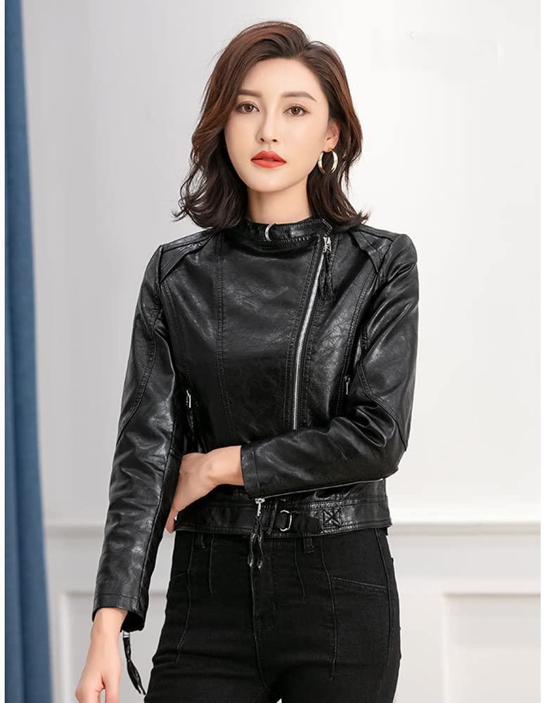 Huixin Moda damska Slim Fit kurtka z imitacji skóry, lekka, ze stójką, dla motocyklistów, krótka skórzana kurtka z zamkiem błyskawicznym pod kątem, Czarny, XXL