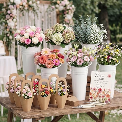 LEIFIDE Flower Bar Buckets Set Kit Bloom Bar Supplies Include Wood Sign Gift Bags Iron Bucket Garden Flower Shears for Wedding Bridal Shower Graduation Birthday Table Centerpieces(39 Pcs Light Beige)