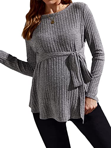 Image of MakeMeChic Women's Maternity Shirts Casual Long Sleeve Tie Front Ribbed Knit Pregnancy Tee Top Grey S