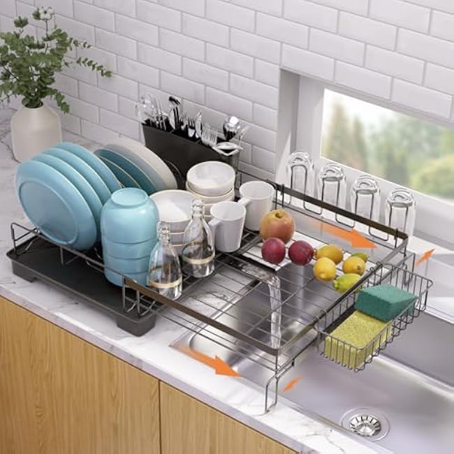 Dish Drying Rack,Extendable Dish Rack,Drying Rack with Automatic Drainboard£¬Dish Drainers for Kitchen Counter,Anti-Rust Dish Drainers with Cup Holders & Utensil,Black