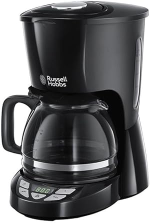 Russell Hobbs Cafetera de Goteo [1,25l, 12 tazas pequeñas / 10 tazas grandes, digital, programable] Textures Plus (tecnología de rociado avanzada, filtro extraíble, cuchara medidora, negro) 22620-56