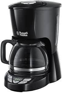 Russell Hobbs Cafetera de Goteo [1,25l, 12 tazas pequeñas / 10 tazas grandes, digital, programable] Textures Plus (tecnología de rociado avanzada, filtro extraíble, cuchara medidora, negro) 22620-560
