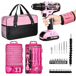 Pink Cordless Drill Set 142 Pcs, 21V Pink Power Drill Tool Set Kit with Storage Bag, Electric Drill Set for Women, Precision Screwdriver set, Magnetic Wristband, for Home DIY Projects