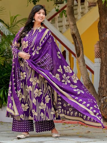 Image of Yash Gallery Women's Pure Cotton Purple A-Line Botanical Print Kurta Plazo Dupatta Set | Ethnic Indian Wear Kurti Set for Festive, Casual & Office Wear | Soft Comfortable Fabric