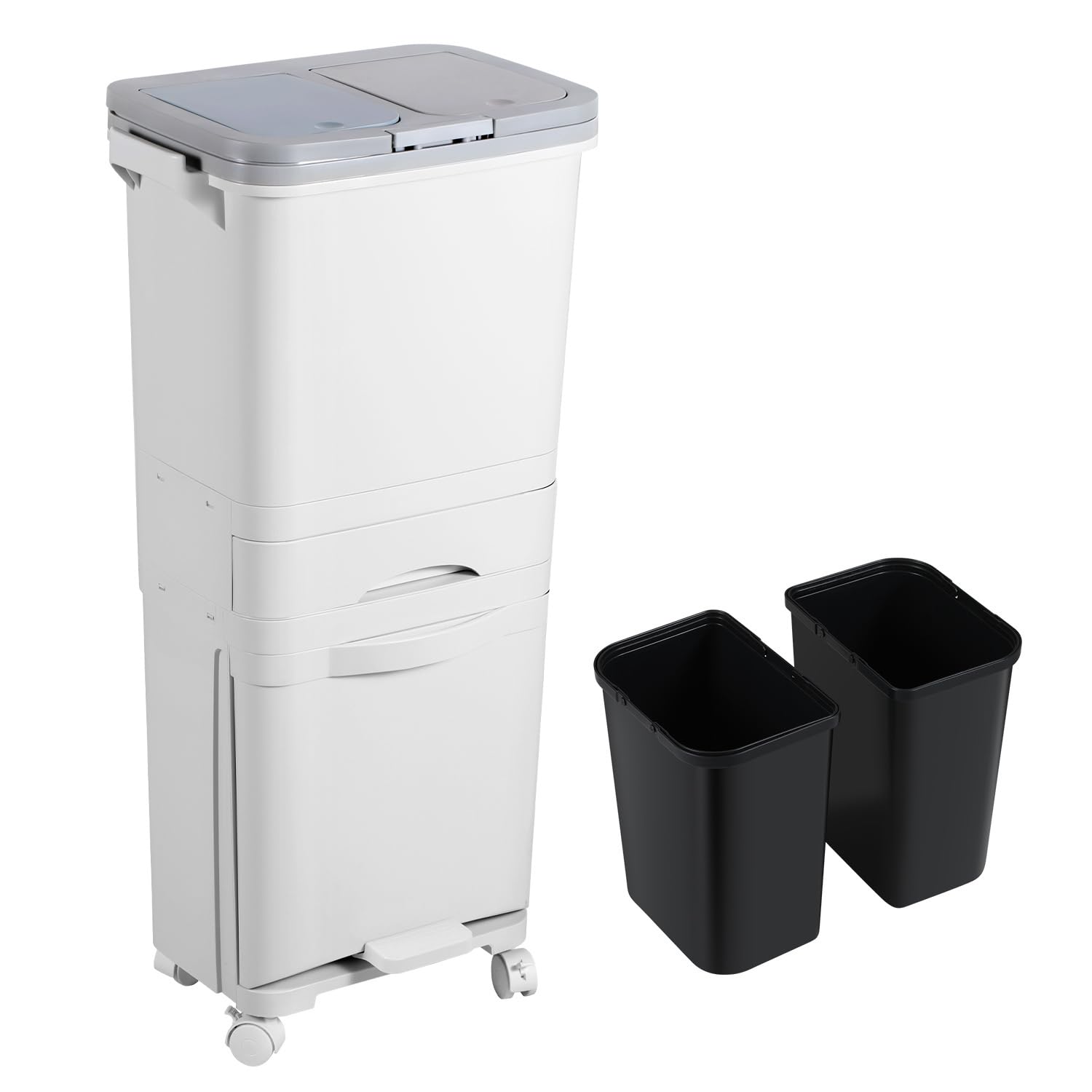 Mülleimer Küche mit 3 Fächern, Küchenmülleimer 42L, Tretmülleimer, Abfalleimer mit Deckel, Recycelbarer Großabfallbehälter, Trocken und Nasstrennung, für Küche, Wohnung und Büro, Weiß