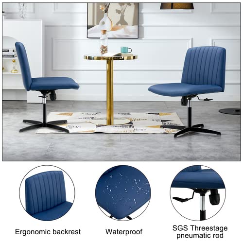 Emooqi Office Chair Armless Desk Chair No Wheels, Cross Legged Office Chair Wide Home Office Desk Chairs, Adjustable Swivel Pu Leather Vanity Chair With Back Computer Chair, Blue #TOP4