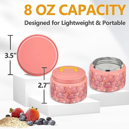 Image of PIQUEBAR 8oz Kids Thermo for Hot Food,Small Lunch Thermo Food Container Stainless Steel,Easy Open Wide Mouth Thermo for Hot Cold Food for Preschool Travel (Pink Flamingos)