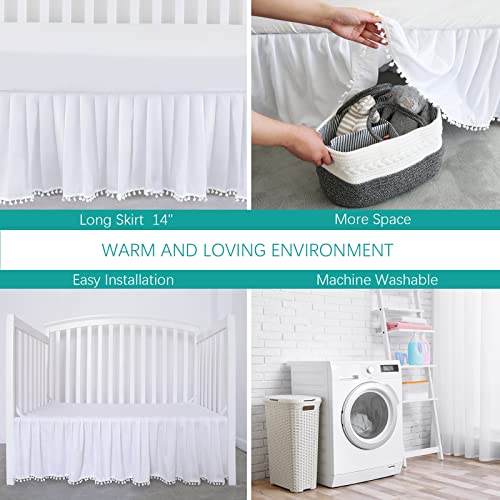 Image of Crib Skirt with Pompoms White, 14 inch Drop, Fits Standard Crib | 5-Sided Coverage, Pleated with Pompoms, Fade & Wrinkle Resistant, Machine Washable