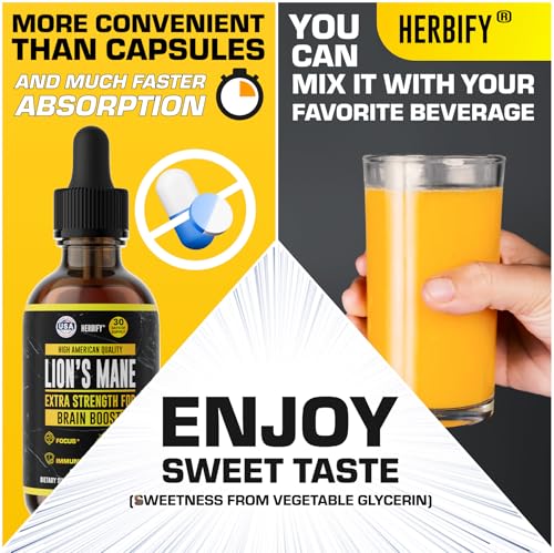 Image of HERBIFY Lions Mane Mushroom Supplement - Immune Support - Lions Mane Tincture for Memory, Focus & Clarity - Daily Mushroom Supplement - 2 Fl oz 2 Pack