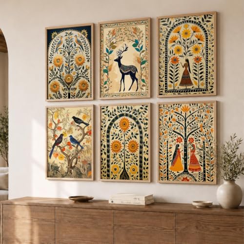 Image of kotart Premium Digital Madhubani Art Paintings with Frame for Home Decor - Framed Painting for Living Room Bedroom Office Room Decor - Painting for Wall Decoration - Pack of 6 (19X25 inch)