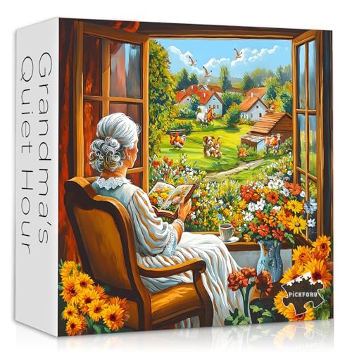 Rompecabezas Vintage Vista de Ventana para Adultos 1000 Piezas, Abuela Leyendo Libro, Jardín Acogedor de Cabaña con Flores, Animales de Granja, Paisaje Campestre de Casa de Campo