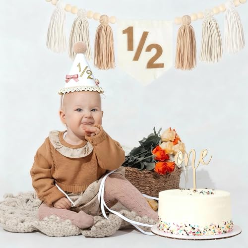 1/2 Birthday Girl and Boys Decorations Half Birthday Decorations Cute 6 Month Party Cone Hats Pastel High Chair Banner and Cake Toppers Props Happy Half Birthday Decorations Photoshoot Props by Nexolia - Used condition - Image 5