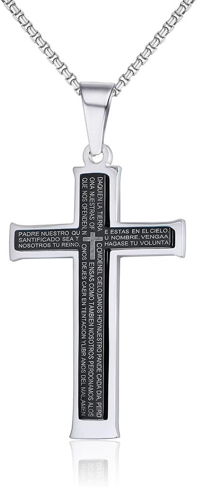 XUANPAI Mens Stainless Steel Holy Bible Verse Black Cross Jesus Pendant Necklace Catholic Christian Easter Lord Prayer Jewellery