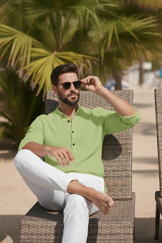 Image of Men's Cotton Blend Short Kurta with Collared Neck Full Sleeves Solid Pattern Western Style Regular Fit and Standard Length