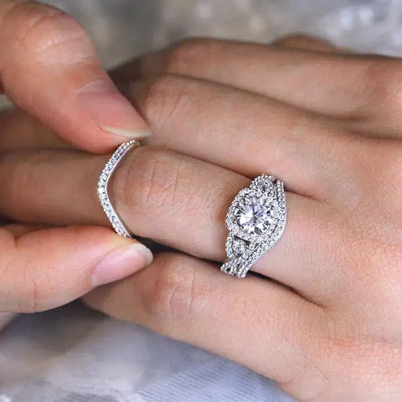 LRESJJIUJ 3 PCS 925 Sterling Silver Stackable Engagement Rings Set Cubic Zirconia Eternity Bands Wedding Promise Rings for Women Princess Emerald Cut CZ Stackable Wedding Ring 102