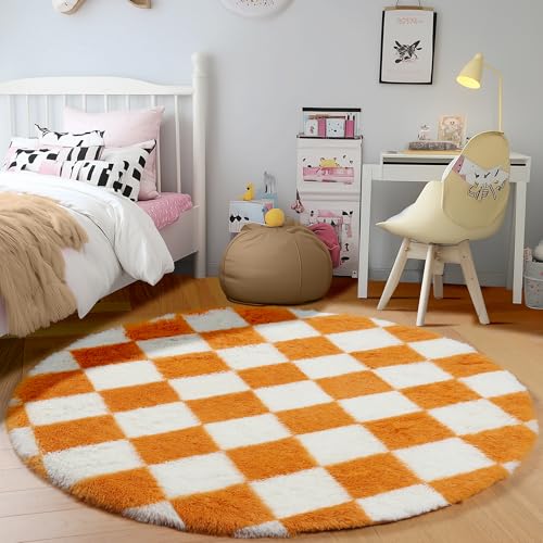 Image of KICMOR Round Rug 4ft Orange and Cream White Circle Area Rug, Fluffy Soft Fuzzy Shag Shaggy Bedroom Living Room Carpet, Indoor Checkered Circular Rug for Kids Boys Girls Home Decor Aesthetic, Nursery