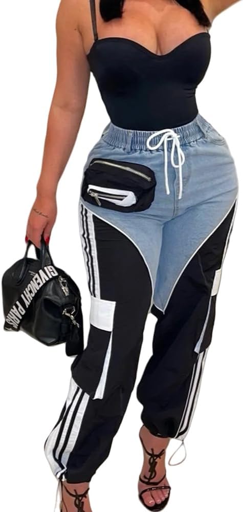 Women's High Rise Jeans Straight Wide Leg Jeans Cargo Pants Drawstring Striped Casual Pants with Pockets