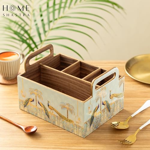 Image of Wooden Cutlery Holder with Gold Engraving | Pack of 1 | Size : 9 x 7 x 5.5 inch | Enamel Coated Waterproof | Cutlery Holder for Dining Table | (Blue Peacock)