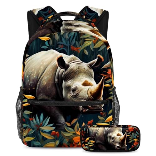 Sac à dos motif rhinocéros d'art grand volume avec trousse scolaire assortie résistante