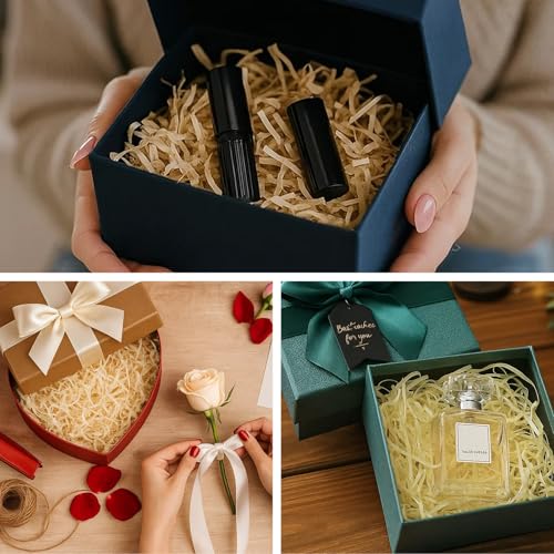 Holzwolle, Füllmaterial Geschenk, 200g Champagnerfarbene Raffia Streu mit 10g Goldfäden, Ideales Verpackungsmaterial für Geschenkboxen, DIY Deko für Events und Wohnaccessoires