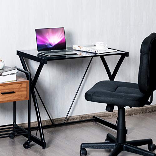 Tangkula Computer Desk Writing Table With Glass Top, Z-Shape Iron Frame Study Writing Desk With Adjustable Feet, Simple Laptop Desk Home Office Desk Computer Workstation #TOP7