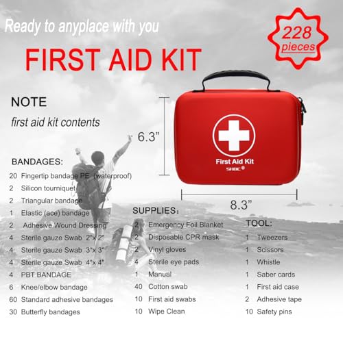 Compact First Aid Kit (228pcs) Designed for Family Emergency Care. Waterproof EVA Case and Bag is Ideal for The Car, Home, Boat, School, Camping, Hiking, Office, Sports. Protect Your Loved Ones. Red - Image 3