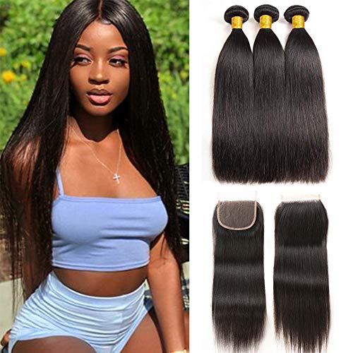 YOUFA Straight Hair Bundles 100% Unprocessed Brazilian Straight Virgin Hair 3 Bundles Human Hair Extensions Natural Black Color (12"14"16"+10"closure)