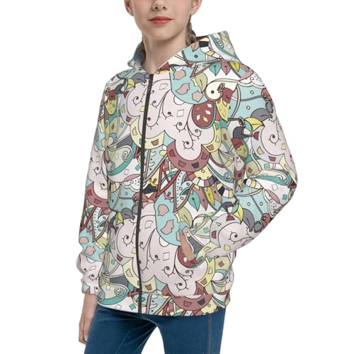 Ethnic Colorful Doodle Texture Kids Pullover Hoodies Boys Zip Up Sweatshirts Girls Athletic Clothes with Pocket