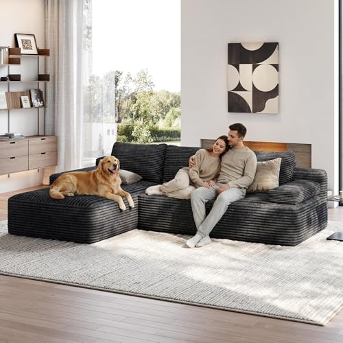 Yaheetech 110" Modular Sectional Sofa Corduroy Boneless Couch with Chaise L-Shape Cloud Couch with Detachable Pillows No Assembly Sofa for Living Room, Dark Gray - Image 3