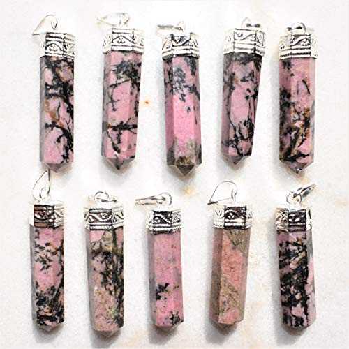 Zenergy Gems Selenite Charged Faceted Hand-Made Natural Rhodonite Crystal Pencil Point Pendants + Selenite Heart Charging Crystal [Included]3