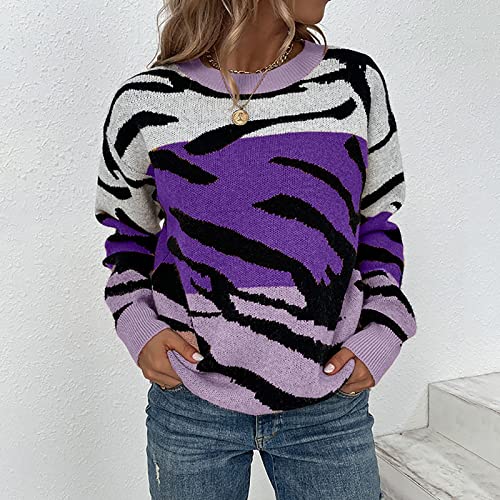 Women's 2022 Fall Winter Casual Long Sleeve Crew Neck Zebra Striped Print Color Block Knit Sweater Pullover Tops #TOP2