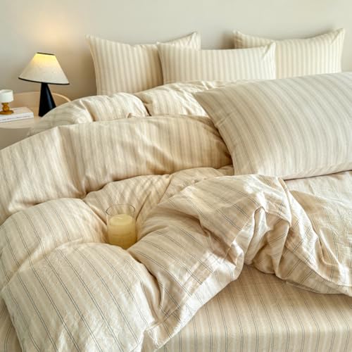 Image of PinkMemory Beige Striped Duvet Cover Set Queen 100% Washed Cotton Beige Wide and Pinstriped Pattern Bedding Duvet Cover Set with Streak Pillowcases-Ultra Soft Breathable Zipper Closure Corner Ties