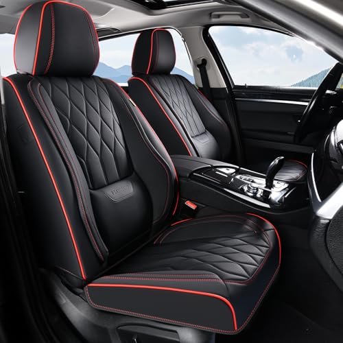 Image of FLORICH Seat Covers Car Seat Covers Full Set Leather Seat Cover Front and Rear Luxury Waterproof Non-Slip Seat Protector Cushion Universal Fit for Most Cars Sedans Trucks SUV, Black&Red Line