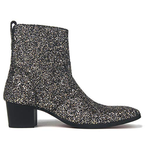 OSSTONE Dress Boot for Men Leather Glitter Chukka Designer Boots Casual Heel Shoes Zipper-up