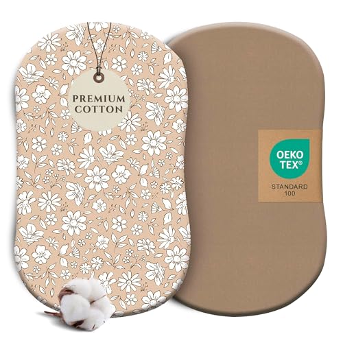 Image of Pobibaby 2 Pack Bassinet Sheets for Girls - Premium Cotton Blend Baby Girl Fitted Sheet Set, Soft Breathable Floral Jersey Knit for Rectangle Oval Bassinets, Newborn Nursery Bedding (Meadow)