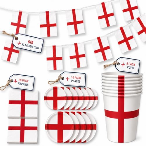 ADEPTNA 39Pcs England Saltire Party Decorations Set 6m England Flag Bunting with Paper Cups Plates Napkins England Football Party Tableware Pack for BBQ Garden