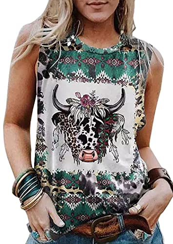 Women Aztec Geometric Cow Tank Tops Cute Leopard Highland Cattle Cowgirl Tanks Bleached Casual Short Sleeve Holiday Tops(Green,L) #TOP9