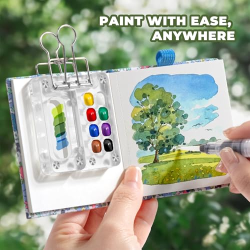 Image of Mini Watercolor Set, Travel Palette for Sketching, Acrylic Palette | 12 colors, 3 water brushes, blue sketchbook, palette and clip; 6x6cm mini kit for travel, outdoor sketching and art class