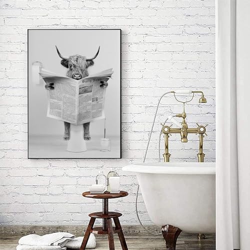 LYBOHO Black White Scottish Highland Cow Bathroom Pictures Funny Animal in the Bathtub Canvas Pictures for Living Room Bathroom Bedroom Decorative Frameless (1 Piece