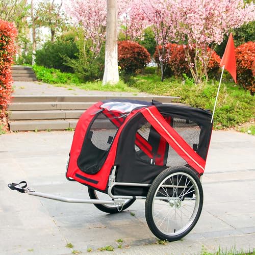 Wiltec Hunde Fahrradanhänger 220x700x78cm rot-schwarz mit Sicherheitsdrehkupplung, Lastenanhänger Fahrrad mit Fliegengitter & Regenschutz