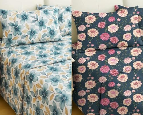 Image of VAS COLLECTIONS Cloud Cotton Double Bedsheet Combo Pack of 2 with 4 Pillow Covers, 210 TC Soft Breathable Cotton Double Bed Sheet Set, Floral Printed Bedsheet for Double Bed, 90 x 100 in (1, Multi O)