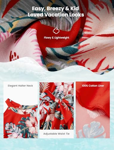 Image of PATPAT Matching Family Hawaiian Outfits - Mommy and Me Hawaiian Dress Matching Set Tropical Palm Leaf Print Summer Dress Halter Neck Dress Vacation Beach Sundress Red Flower Toddler Girl 4-5 Years