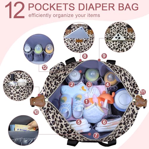 Image of Pritent Diaper Bag Tote - Diaper Baby Bags with Pacifier Case, Shoulder Straps, Stroller Clips, Waterproof Large Mommy Maternity Travel Baby Bag for Mom and Dad, Leopard Print