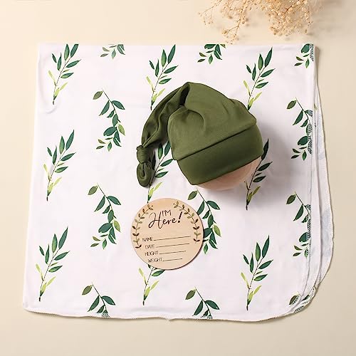 Image of Ylsteed Baby Swaddle Blanket and Headband Set, Newborn Receiving Blanket Swaddle Wrap for Girls Boys, Swaddling Blankets Neutral for Newborn,Soft and Skin-Friendly Receiving Wrap 32*32 inch(Green leaves)
