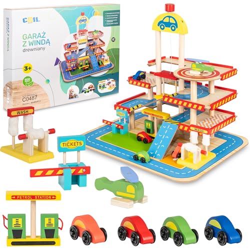 COIL lek-parkeringsgarage parkeringshus trä lekgarage lyft bil garage trägarage